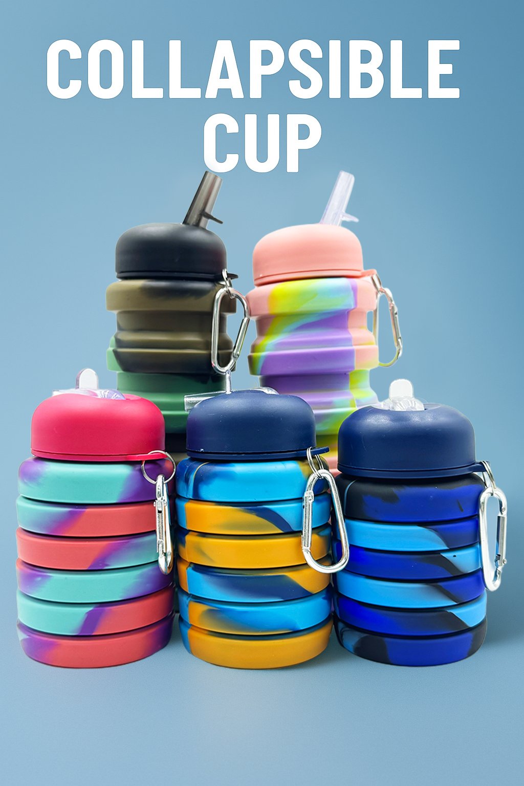 Colorful silicone collapsible cups with lids and straws